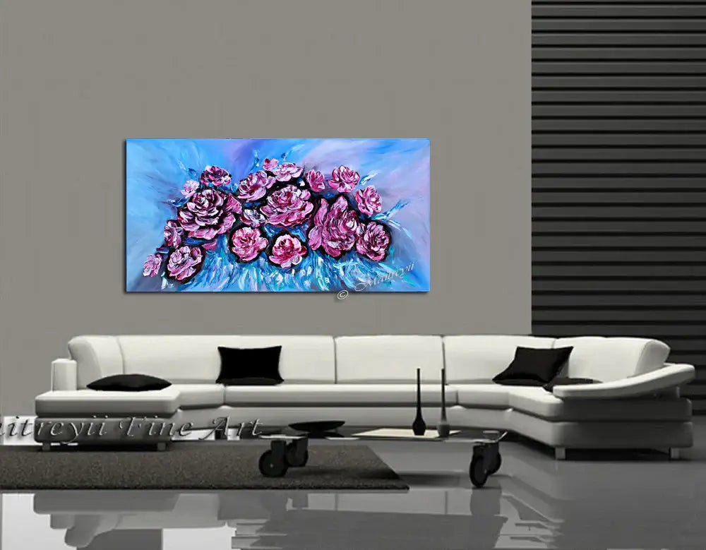 Flowers Painting of pink roses on canvas, showcasing vibrant colors and textures in a modern living room setting.