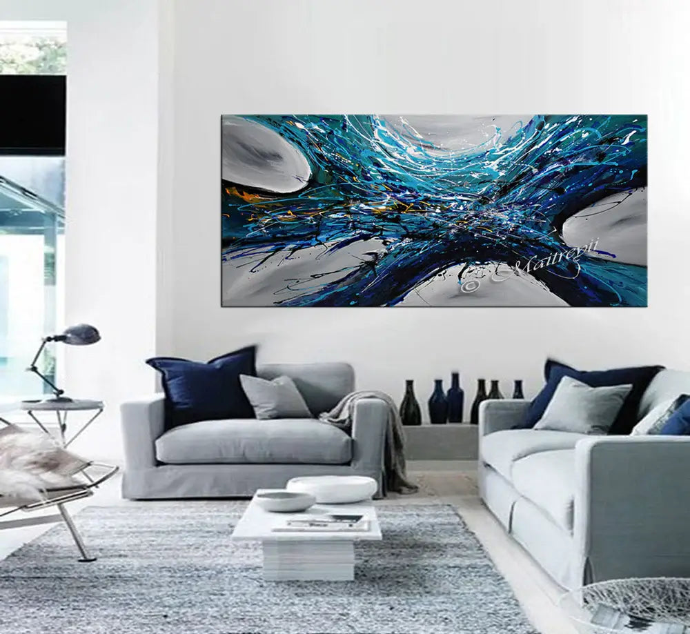 Large Teal & Navy Abstract Painting – Vortex Wave Canvas Art