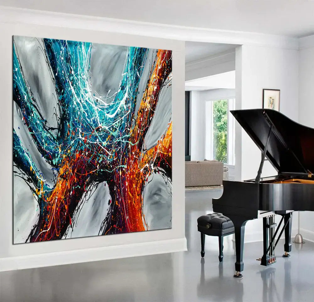 Original Abstract Artwork featuring vibrant colors and rich texture in a modern living space.