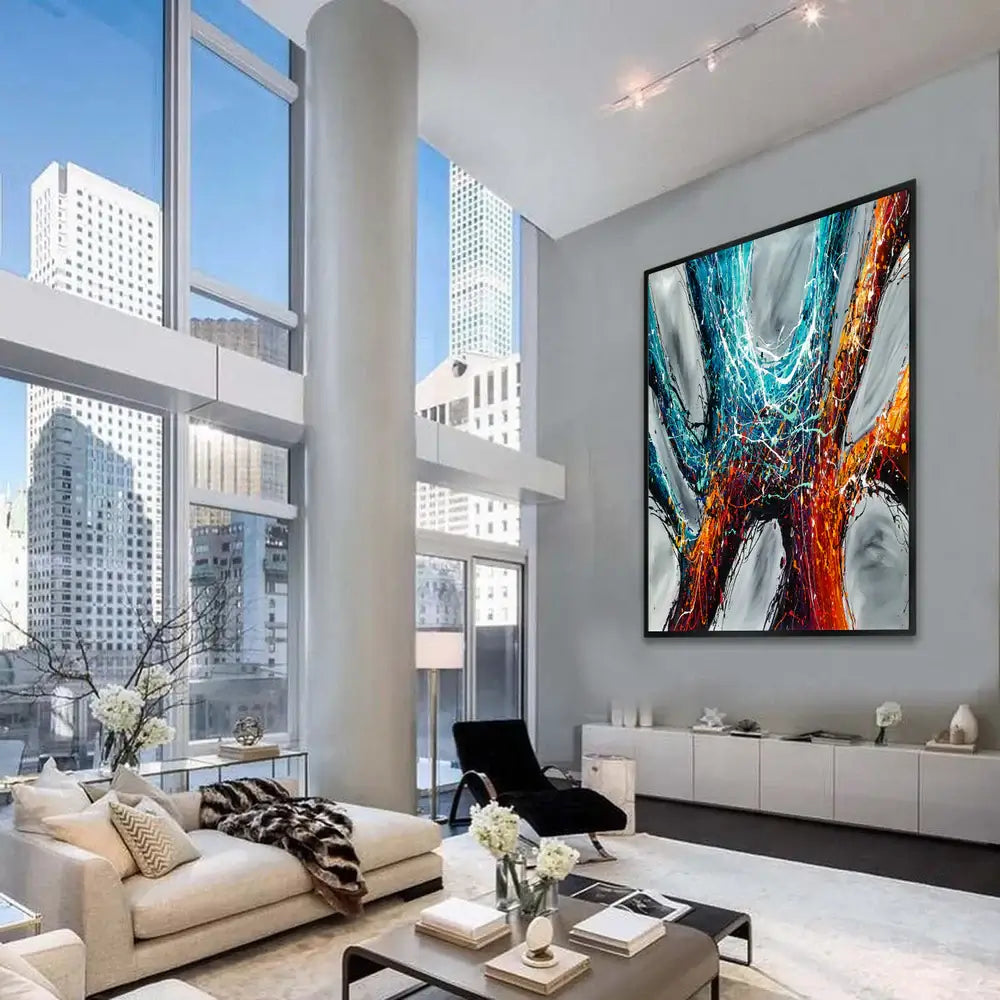 Original Abstract Artwork displayed in a modern living room, showcasing vibrant colors and rich texture.
