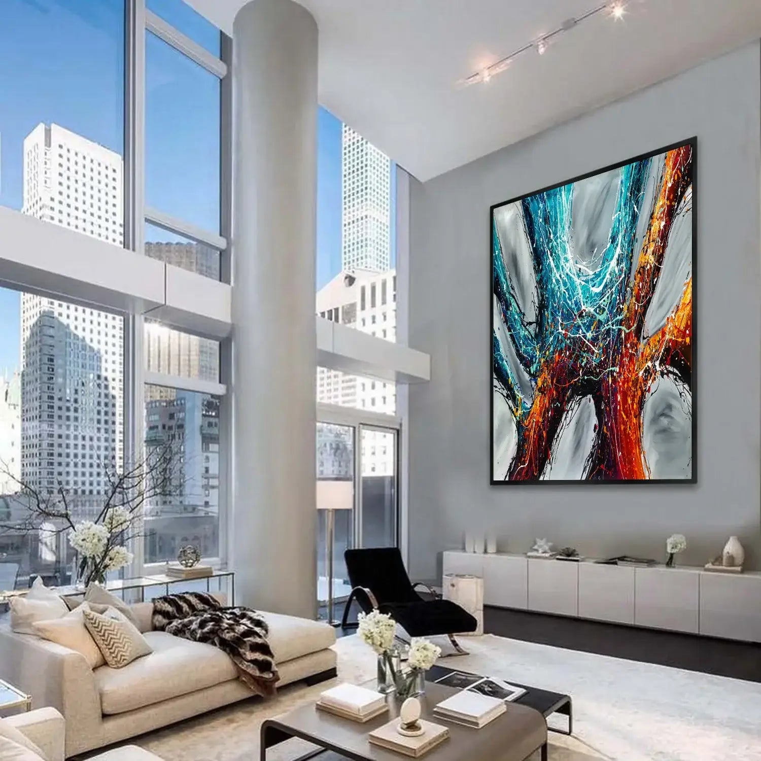 Textured Abstract Painting in modern living room, featuring bold colors and dynamic textures for contemporary decor.