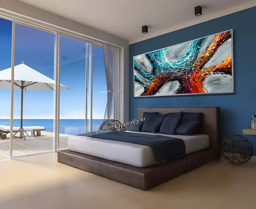 Original Abstract Artwork displayed in a modern bedroom with ocean view, featuring vibrant colors and rich texture.