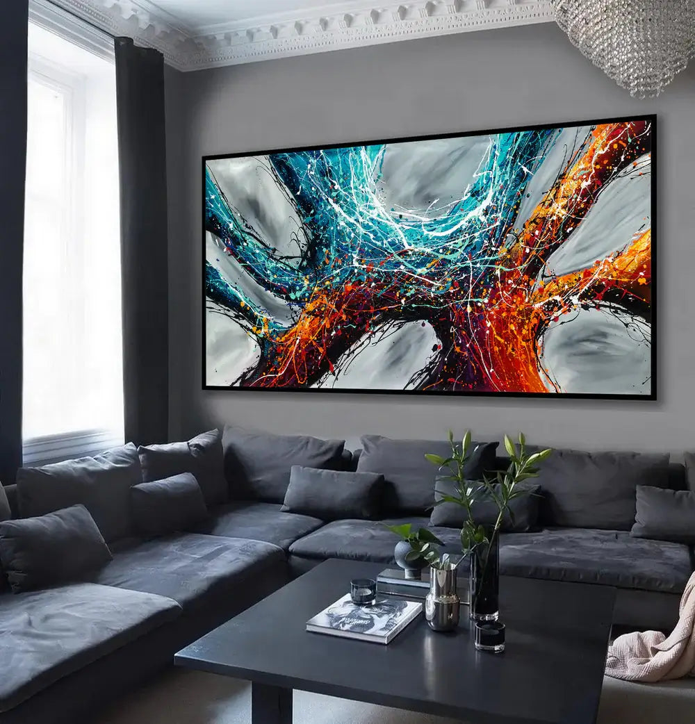 Original Abstract Artwork featuring vibrant colors and abstract design, enhancing modern living room decor.