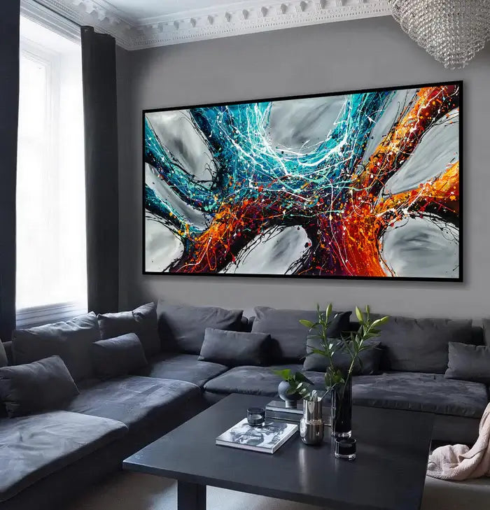 Textured Abstract Painting displayed in a modern living room, featuring bold colors and dynamic drips for contemporary style.