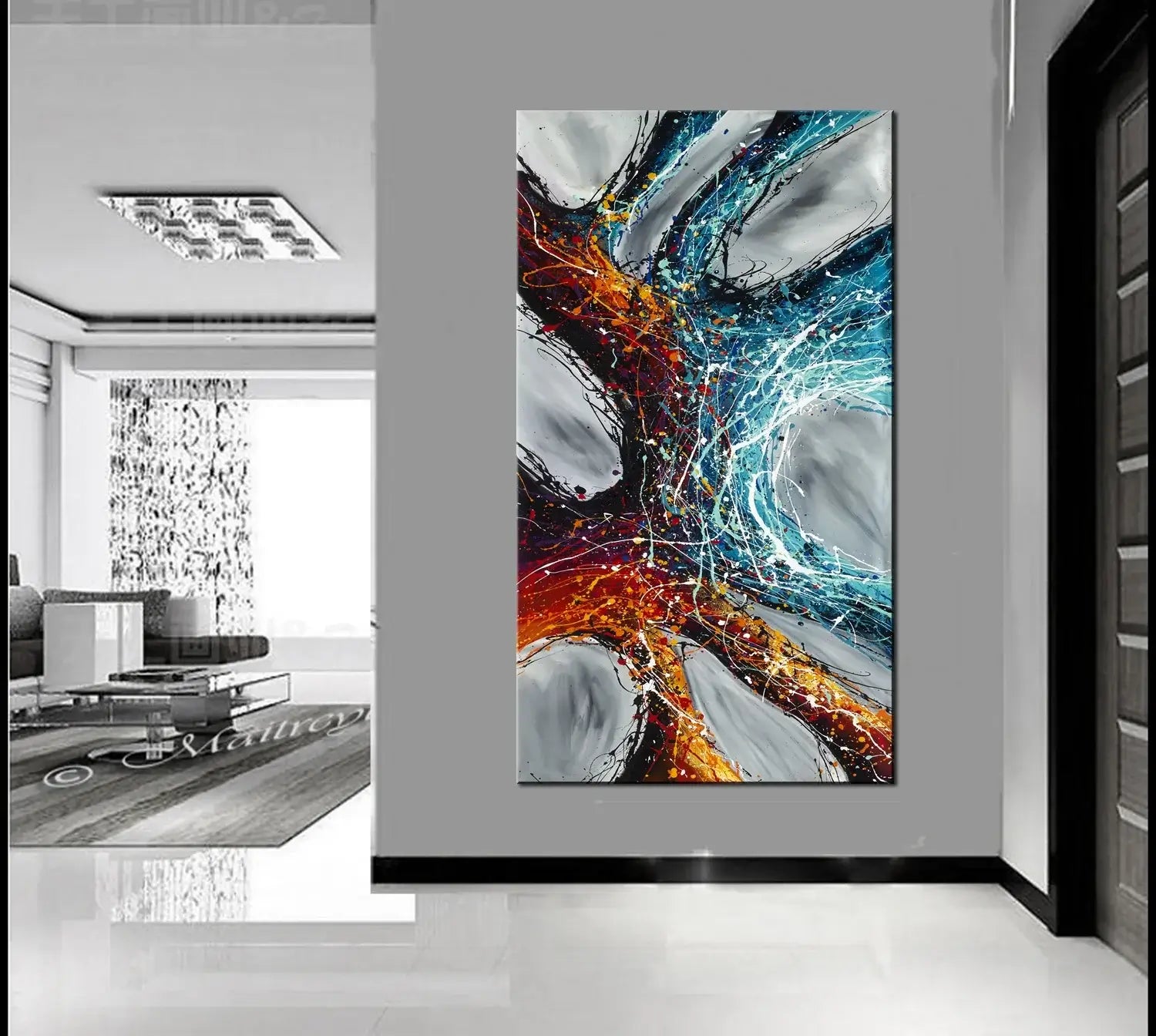 Textured Abstract Painting displayed in a contemporary living room, showcasing bold colors and drip technique.