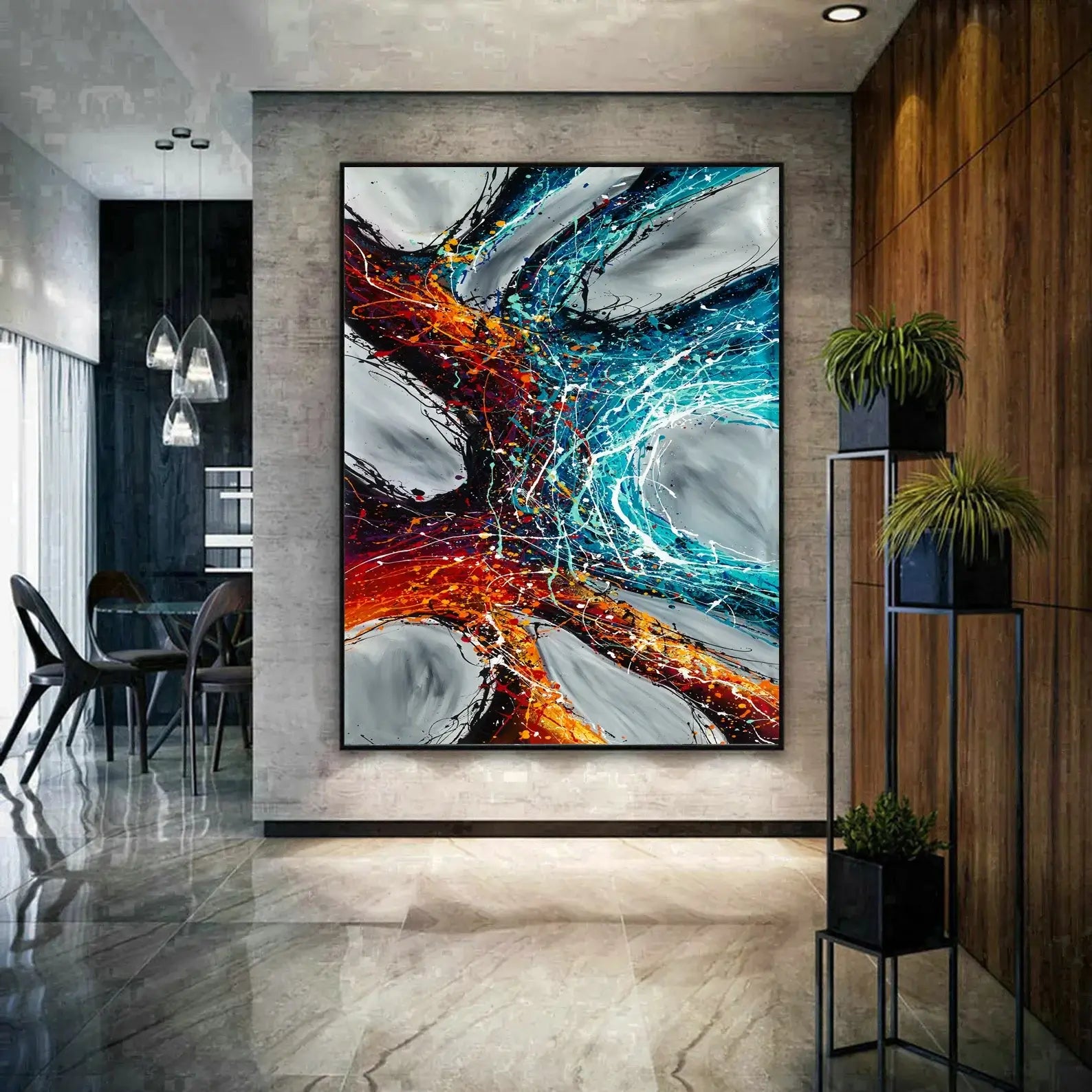 Textured Abstract Painting displayed in a modern living room, showcasing bold colors and a contemporary design.