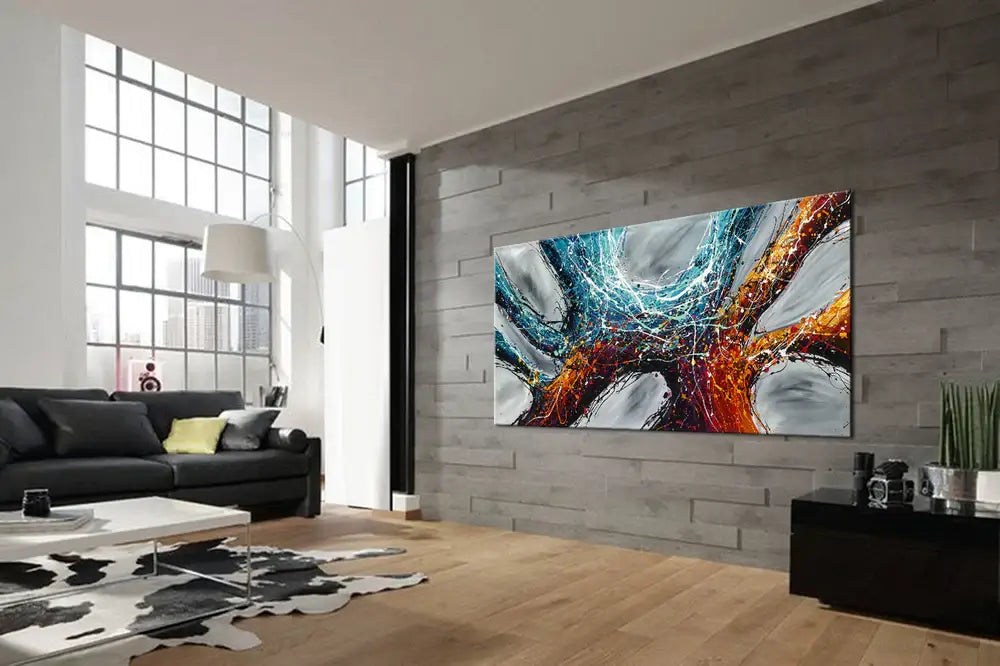 Original Abstract Artwork displayed in a modern living room, featuring vibrant colors and rich textures on canvas.
