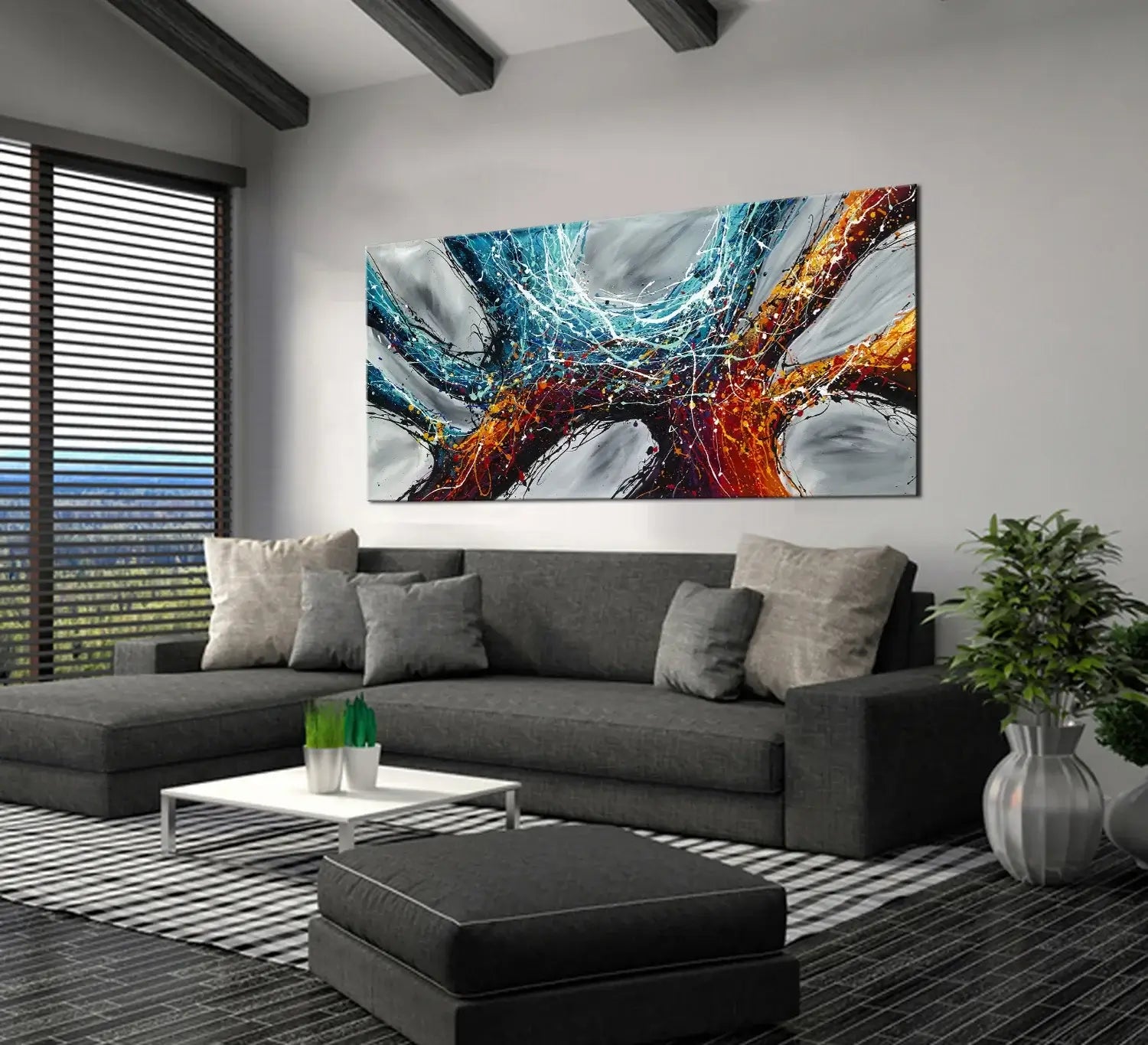 Textured Abstract Painting displayed in a contemporary living room with a modern couch and vibrant artwork.