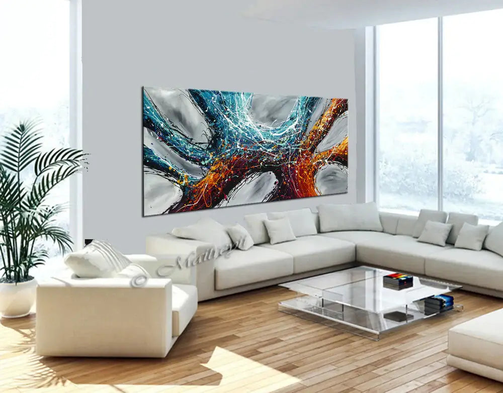 Original Abstract Artwork displayed in a modern living room, showcasing vibrant colors and rich textures.