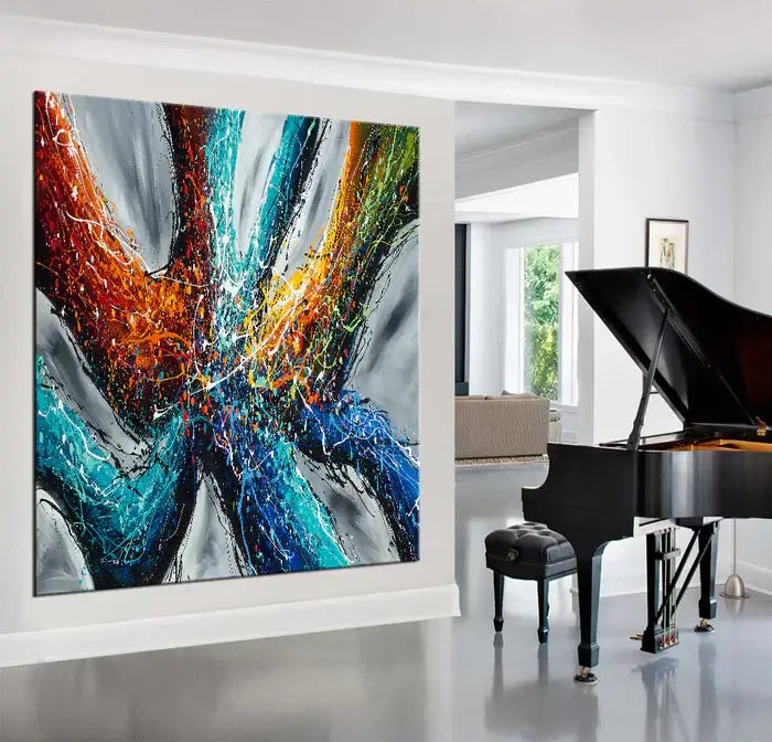 Large Modern Art Painting on canvas showcasing vibrant colors and textures in a stylish interior with a piano.