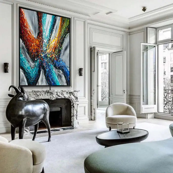 Large Modern Art Painting on canvas displayed in a luxurious living room with elegant furniture and decor.