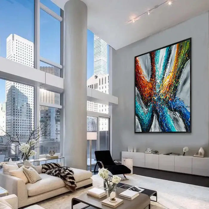 Large Modern Art Painting in a stylish living room, showcasing elegance with vibrant colors and contemporary design.