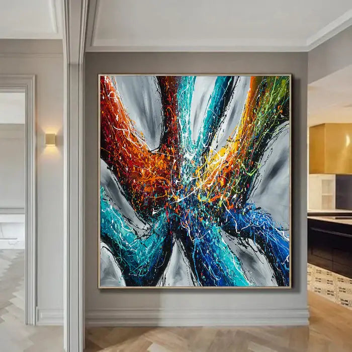 Large Modern Art Painting on canvas showcasing vibrant blue, turquoise, orange, and gray tones for sophisticated decor.