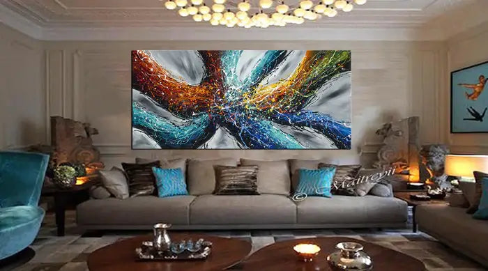 Large Modern Art Painting on canvas titled 'Power of Elegance' in a stylish living room setting.