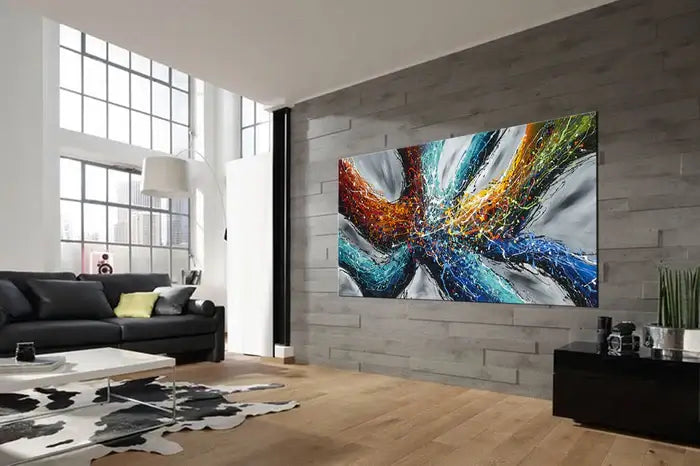Large Modern Art Painting on canvas in a contemporary living room, showcasing vibrant colors and abstract design.