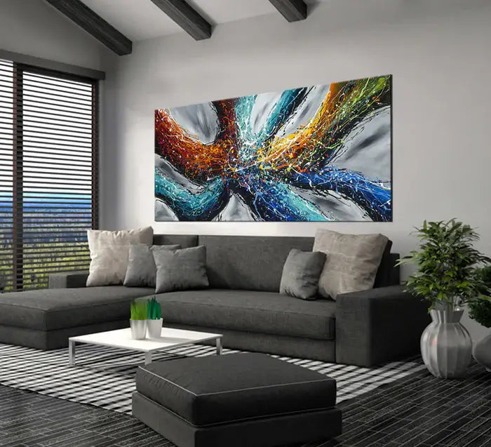 Large Modern Art Painting on canvas wall art featuring vibrant colors in a modern living room setting.