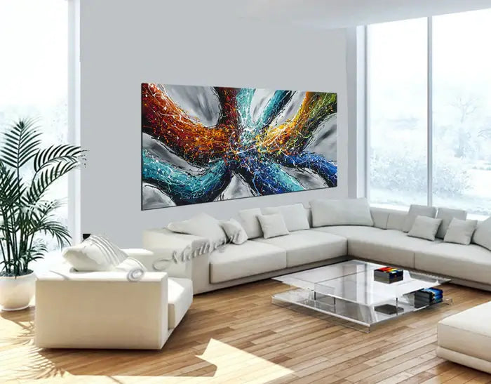 Large Modern Art Painting on canvas featuring vibrant colors in a modern living room setting.