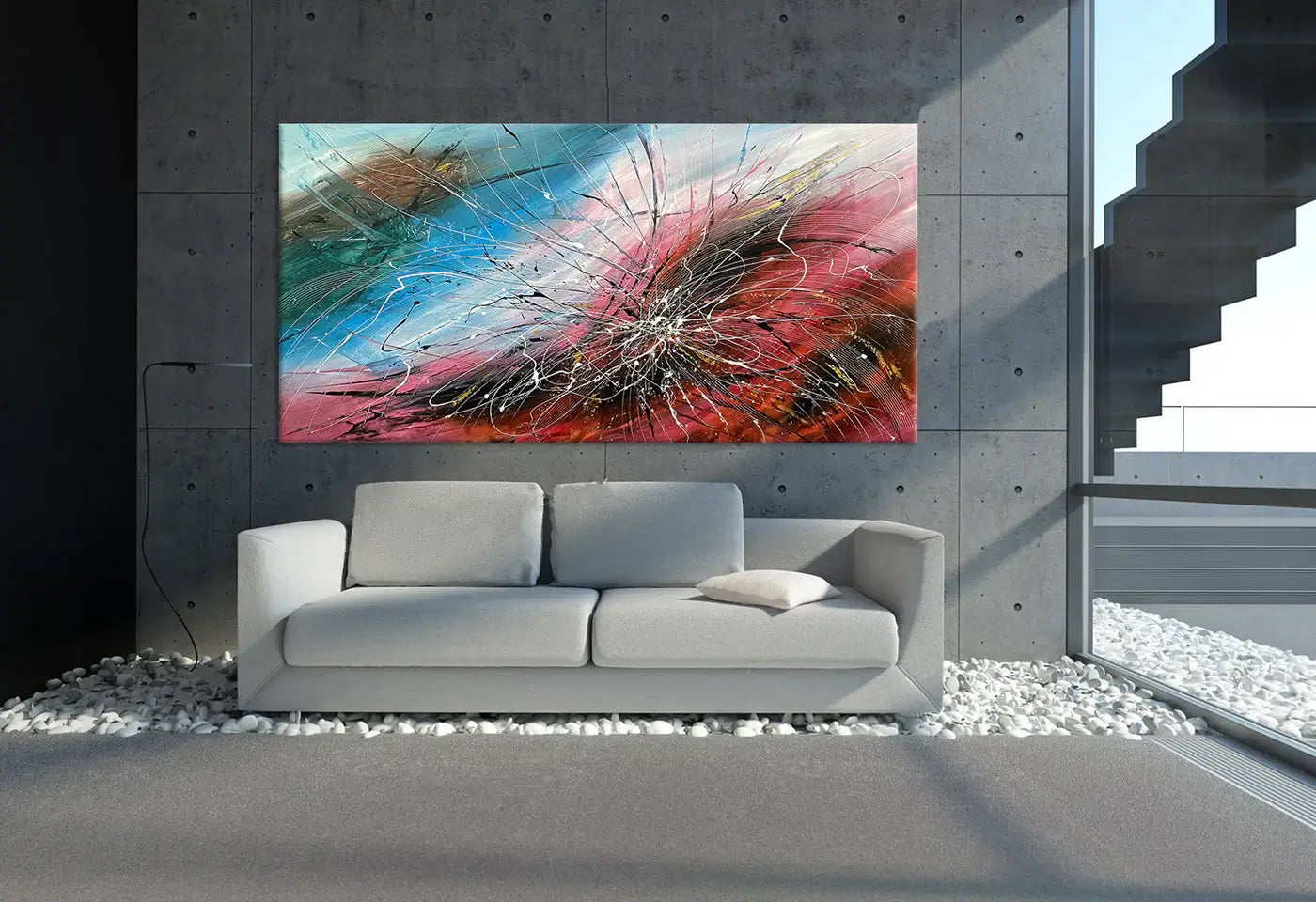 Large wall art – modern oversized abstract canvas painting displayed in a contemporary living room.