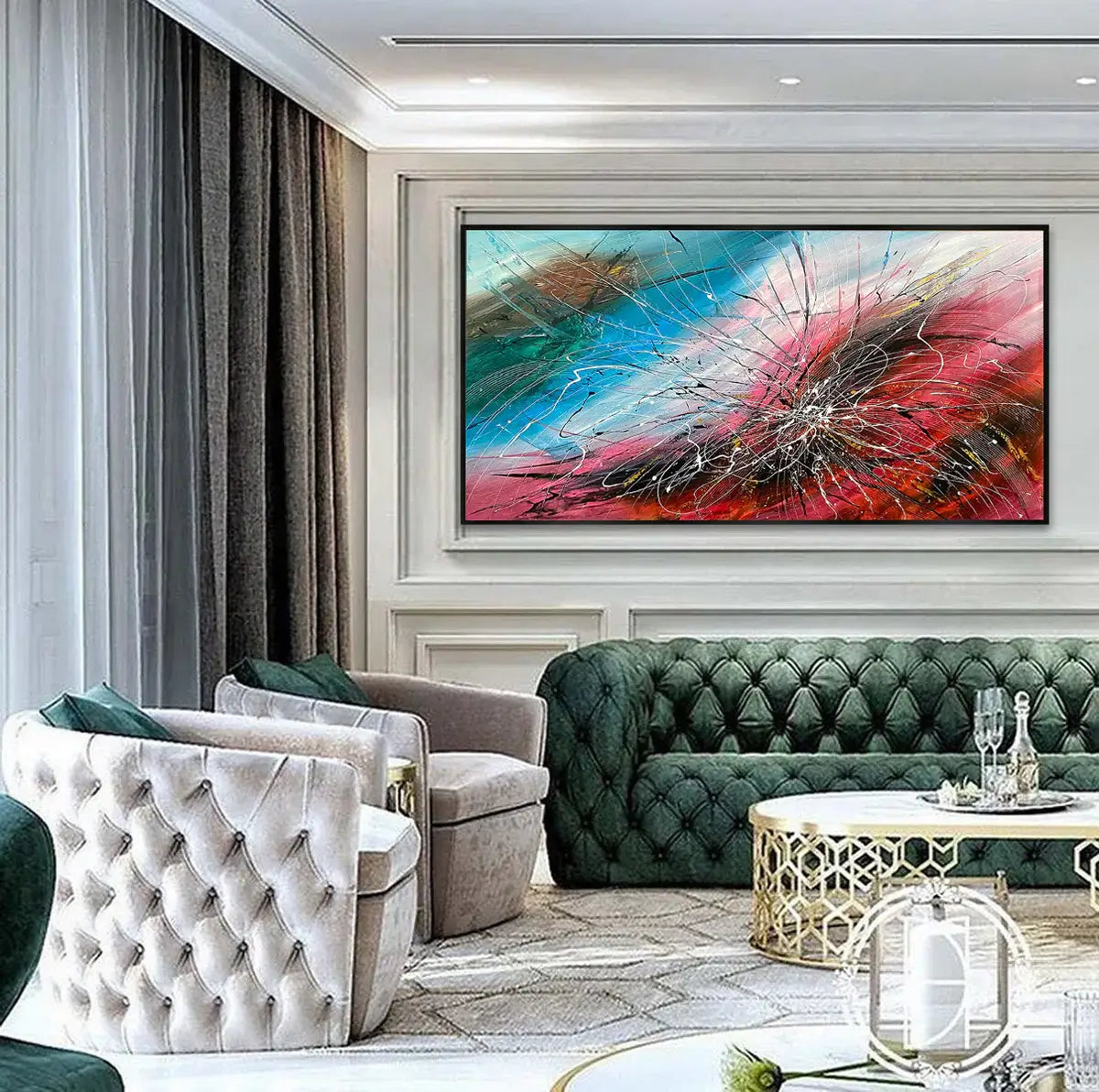 Large wall art – modern oversized abstract canvas painting displayed in a stylish living room setting.