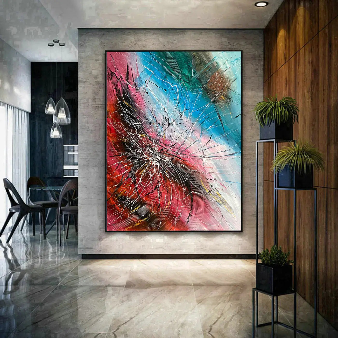 Large wall art – modern oversized abstract canvas painting in a stylish living space.