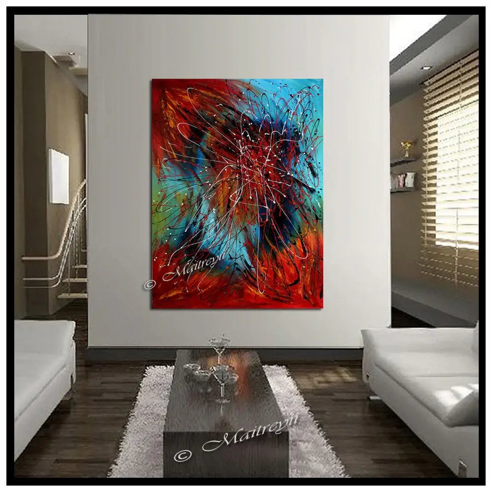 Red Painting On Canvas displayed in modern living room, showcasing original artwork by Maitreyii.