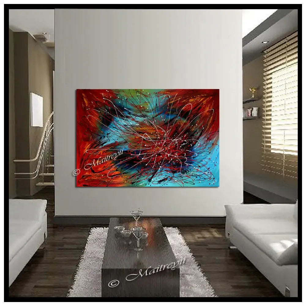 Red Painting On Canvas displayed in modern living room, showcasing vibrant colors and abstract design.