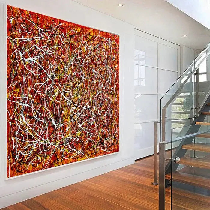 Red Painting Jackson Pollock Style artwork displayed in a modern interior, featuring dynamic red tones and abstract design.