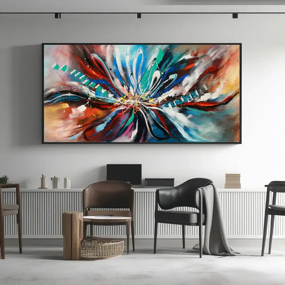 Large Modern Art Oil Painting displayed in a modern living room, featuring bold colors and abstract design.