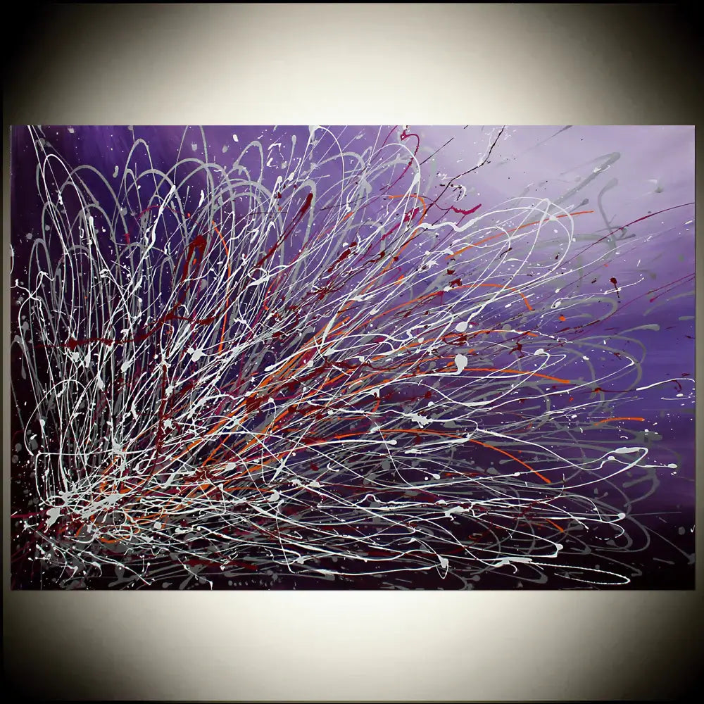 Purple Large Painting featuring abstract lines and splatters in vibrant purples and silvers, enhancing modern décor.