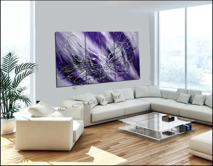 Framed Wall Art Purple Painting displayed in a modern living room featuring elegant purple tones and vibrant energy.