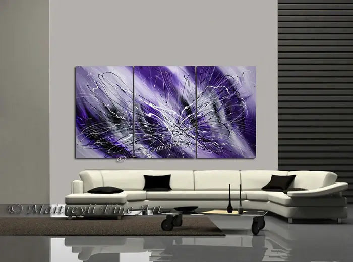 Framed Wall Art Purple Painting displayed in modern living room with elegant decor and vibrant colors.
