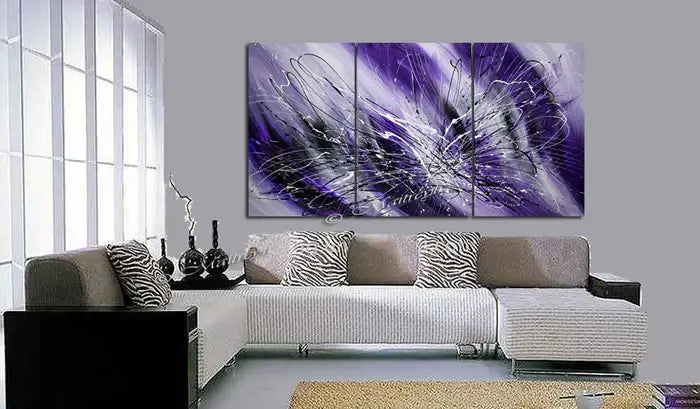 Framed Wall Art Purple Painting displayed in a modern living room showcasing rich purple tones and elegant design.