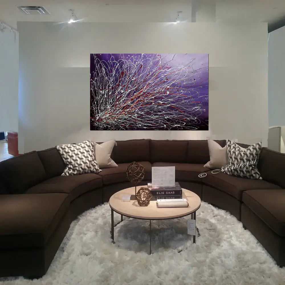 Purple Large Painting showcased above a modern brown sectional sofa in a stylish living room setting.