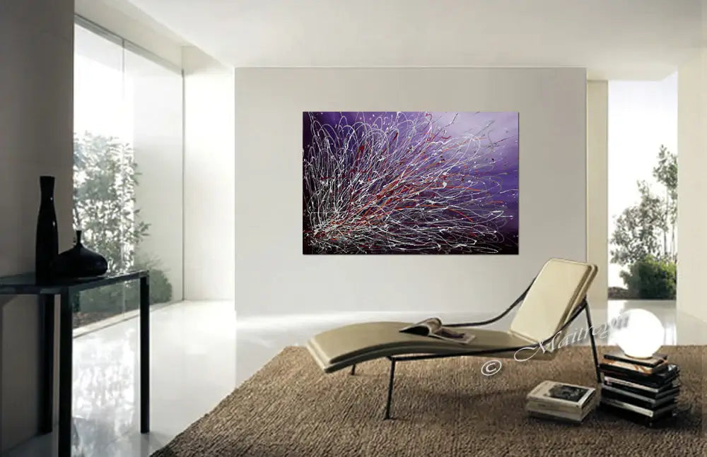 Purple Large Painting displayed in a modern living room, showcasing abstract design and elegant color blend.