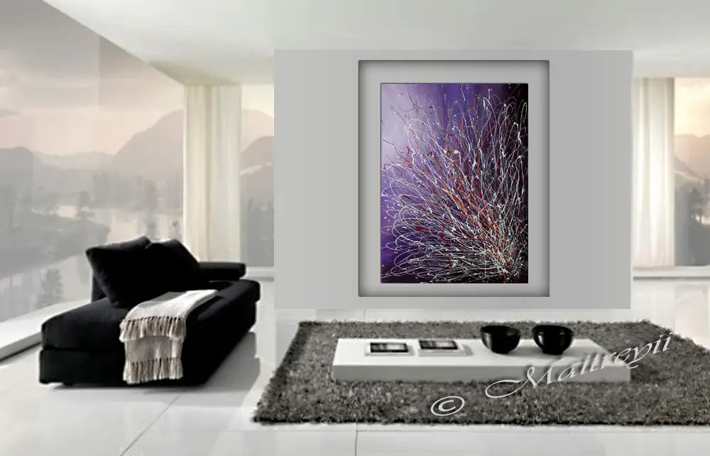 Purple Large Painting displayed in a modern living room, showcasing abstract art with rich purples and intricate details.