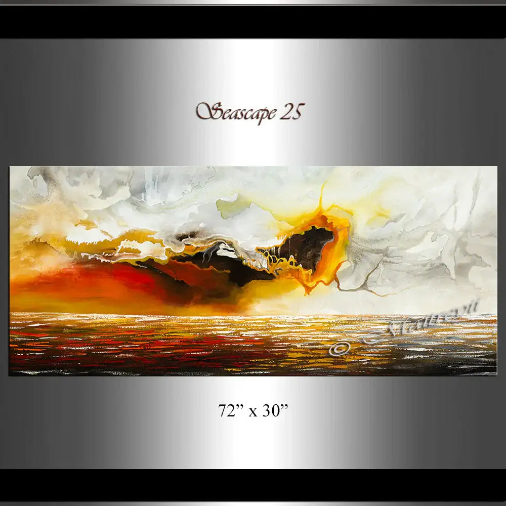 Large Ocean Art Oil Painting – Seascape 25, showcasing vibrant ocean waves with golden and blue hues, 72" x 30".