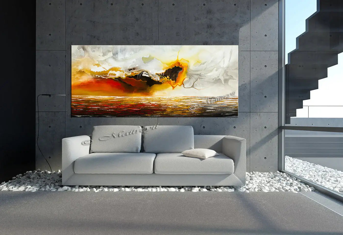 Large Ocean Art Oil Painting showcasing a vibrant hand-painted seascape in a modern living space.
