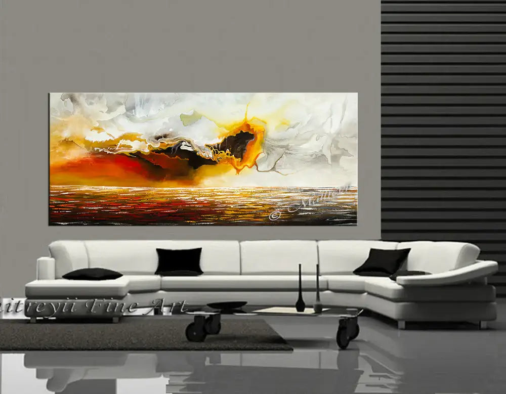 Large Ocean Art Oil Painting displayed in a modern living room, showcasing a vibrant seascape design.