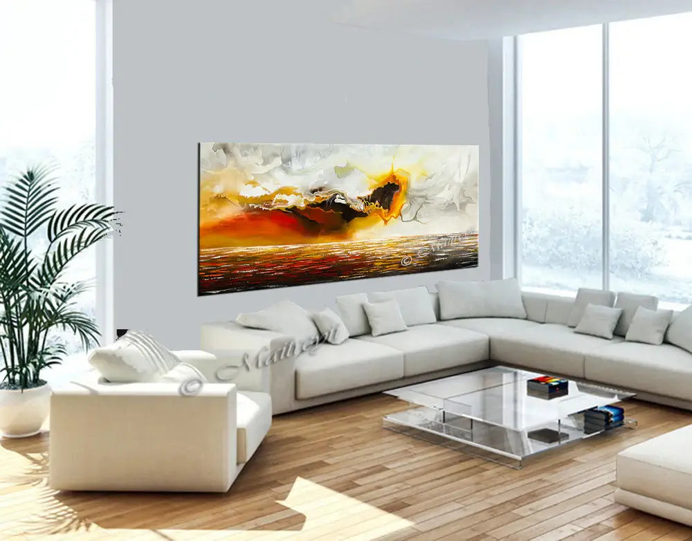 Large Ocean Art Oil Painting showcased in a modern living room, featuring a vibrant seascape with hues of orange and blue.
