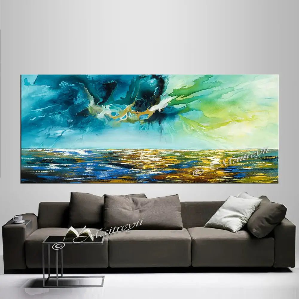 Large Ocean Art Oil Painting showcasing serene waves and soothing blue tones above a modern couch in a stylish interior.