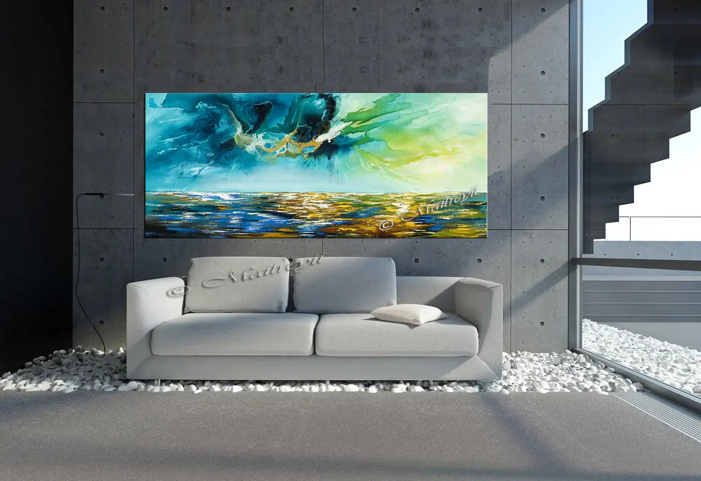 Large Ocean Art Oil Painting displayed above a modern couch in a chic living room interior, showcasing calming blue tones.