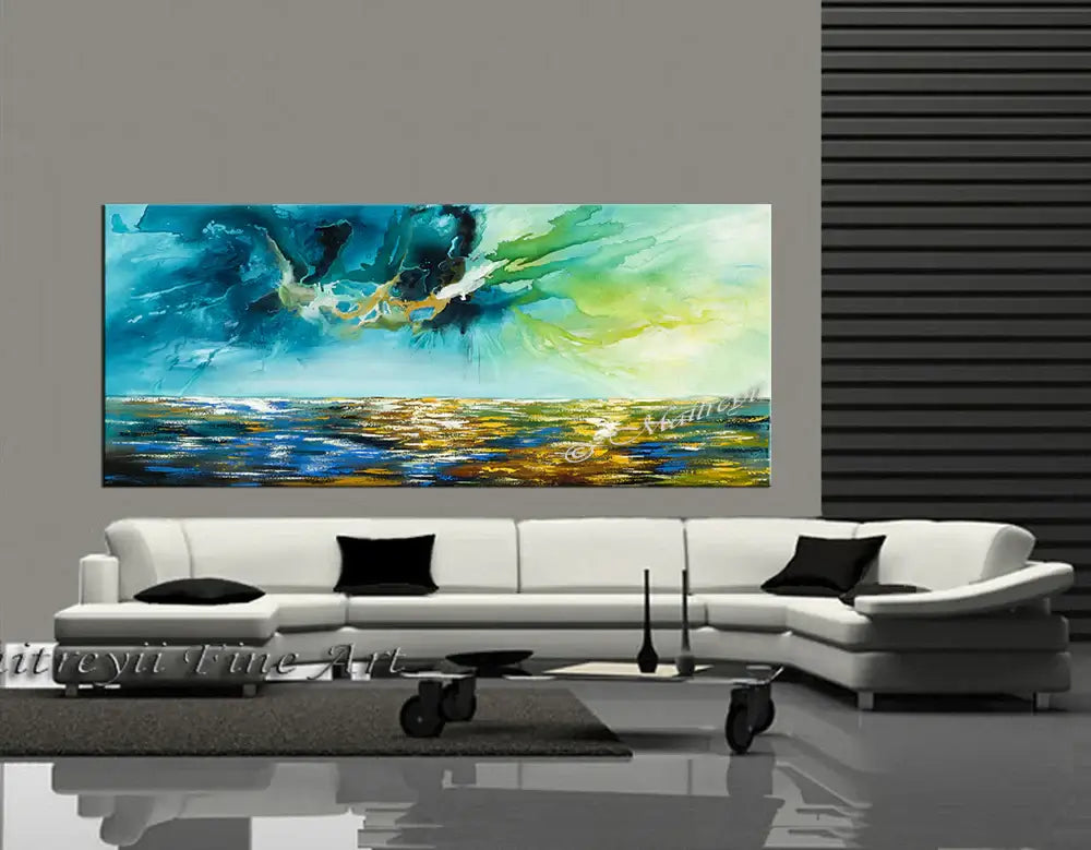 Large Ocean Art Oil Painting displayed in modern living room setting, showcasing serene waves and vibrant colors.