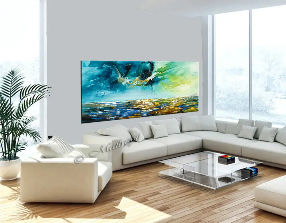 Large Ocean Art Oil Painting displayed in a modern living room showcasing serene seaside colors and fluid brushstrokes.