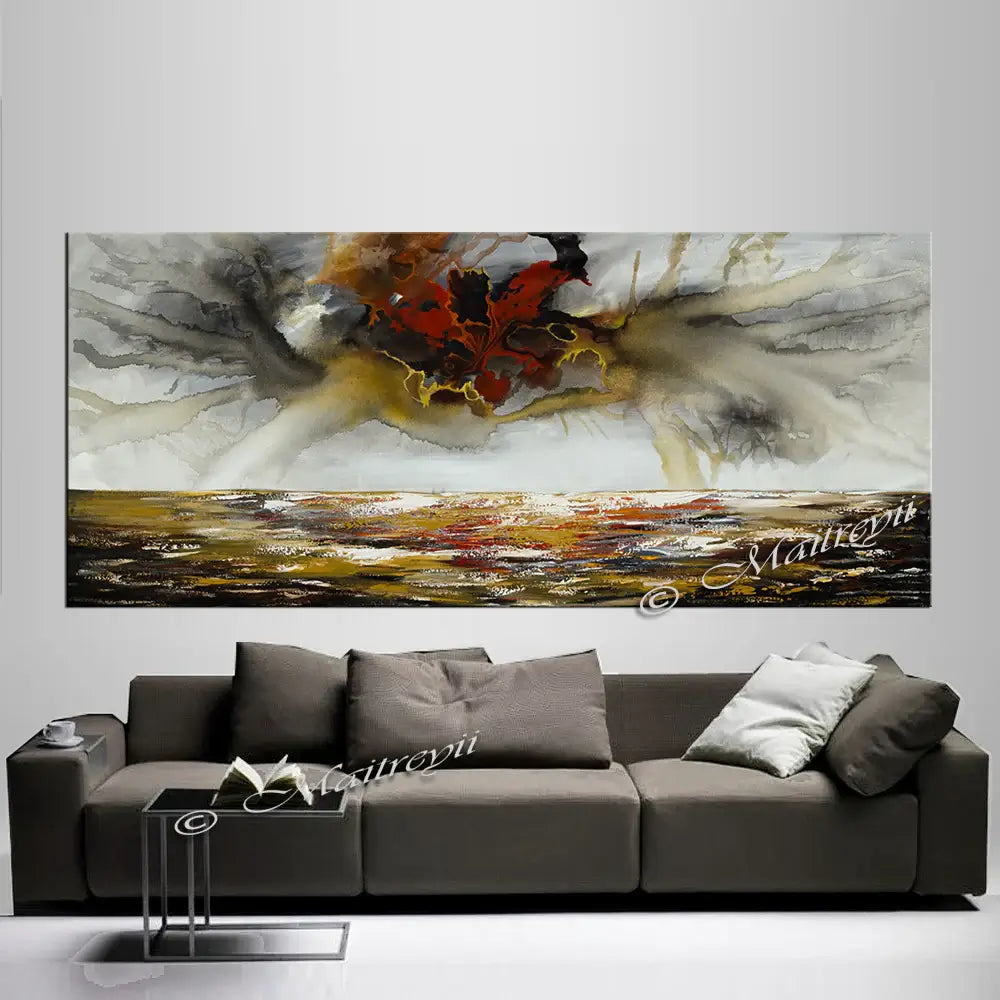 Large Ocean Art Oil Painting displayed above a modern gray couch, showcasing vibrant waves and abstract colors.