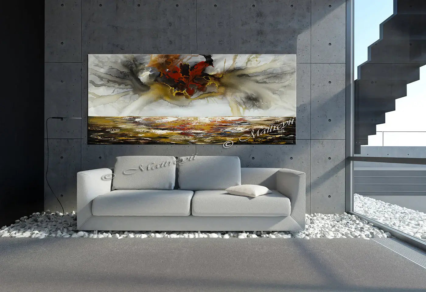 Large Ocean Art Oil Painting displayed in modern living room with sleek sofa and contemporary decor.
