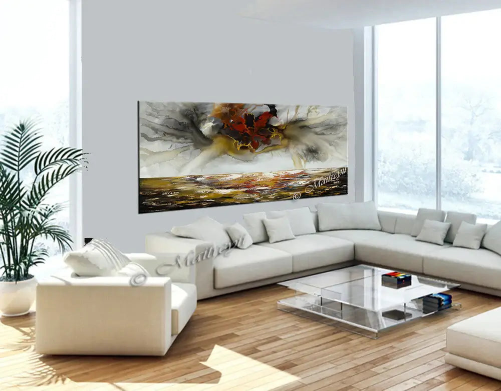 Large Ocean Art Oil Painting displayed in a modern living room, showcasing its serene colors and impressive design.