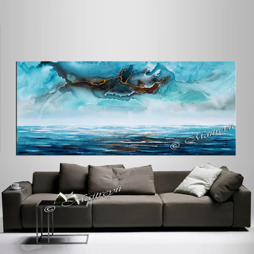 Abstract Modern Art Oil Painting displayed above a stylish sofa, showcasing vibrant seascape colors and expressive brushwork.