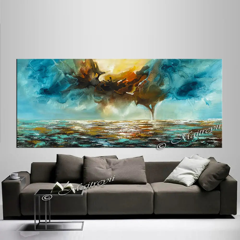 Modern Abstract Painting by Maitreyii, a vibrant ocean landscape over a stylish sofa in a modern interior.