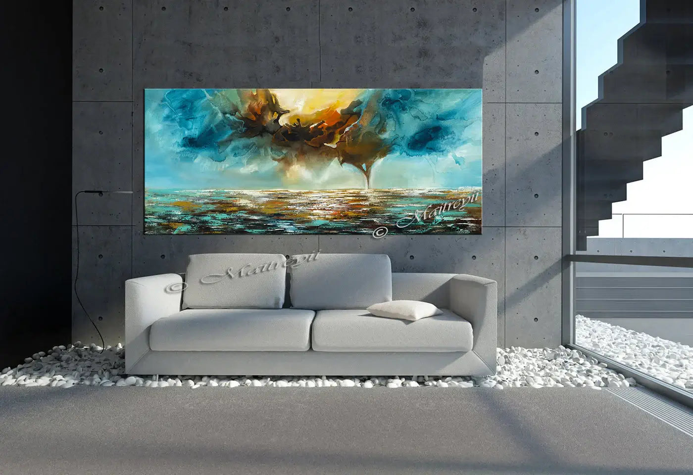Modern Abstract Painting by Maitreyii displayed in a modern living room setting, enhancing the decor with vibrant colors.
