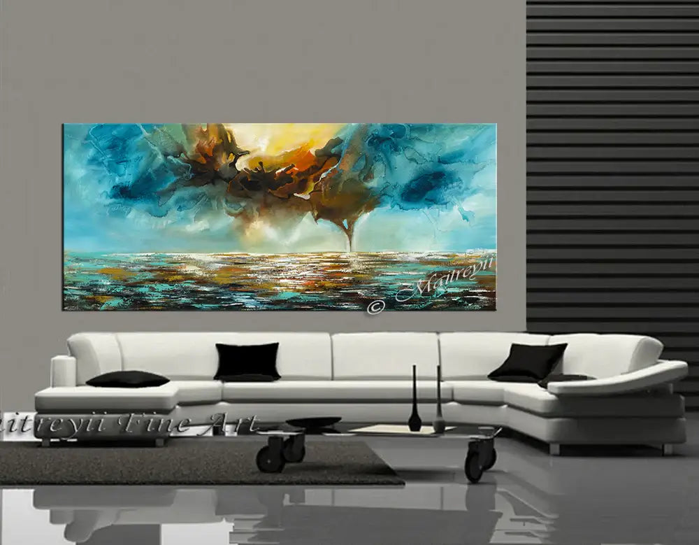 Modern Abstract Painting displayed above a sleek white sofa in a contemporary living room setting.